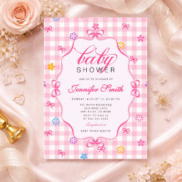 Pink Gingham Floral Bow Baby Shower Invitation 招待状