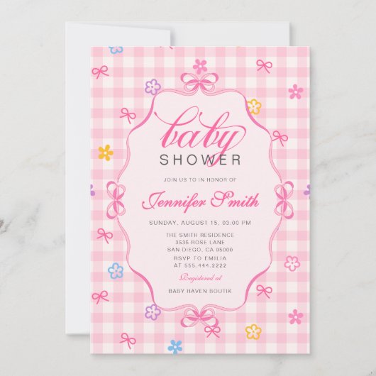 Pink Gingham Floral Bow Baby Shower Invitation 招待状 (正面)
