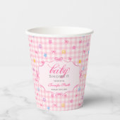 Pink Gingham Floral Bow Baby Shower Paper Cups 紙コップ (正面)