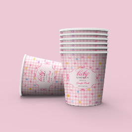 Pink Gingham Floral Bow Baby Shower Paper Cups 紙コップ