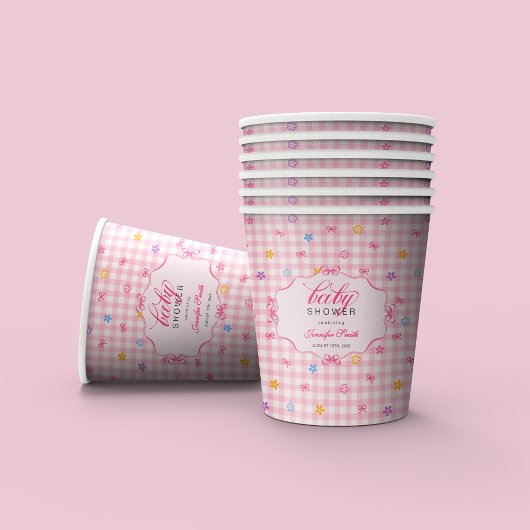 Pink Gingham Floral Bow Baby Shower Paper Cups 紙コップ