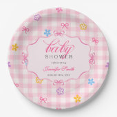 Pink Gingham Floral Bow Baby Shower Paper Plates ペーパープレート (正面)