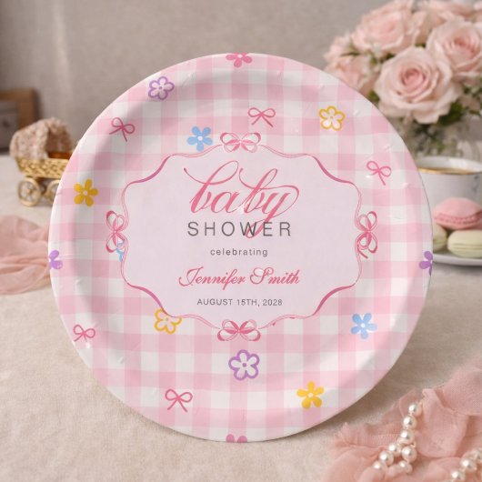 Pink Gingham Floral Bow Baby Shower Paper Plates ペーパープレート