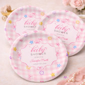 Pink Gingham Floral Bow Baby Shower Paper Plates ペーパープレート