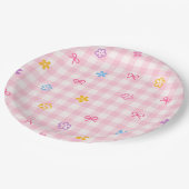 Pink Gingham Floral Bow Baby Shower Paper Plates ペーパープレート (アングル)