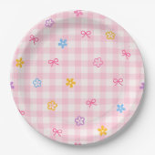 Pink Gingham Floral Bow Baby Shower Paper Plates ペーパープレート (正面)