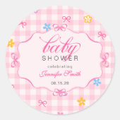 Pink Gingham Floral Bow Baby Shower Sticker ラウンドシール (正面)