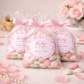 Pink Gingham Floral Bow Baby Shower Sticker ラウンドシール