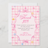 Pink Gingham Floral Bow Baby Shower Thank You Card サンキューカード (正面)