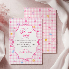 Pink Gingham Floral Bow Baby Shower Thank You Card サンキューカード