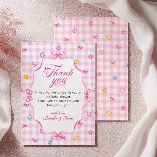 Pink Gingham Floral Bow Baby Shower Thank You Card サンキューカード