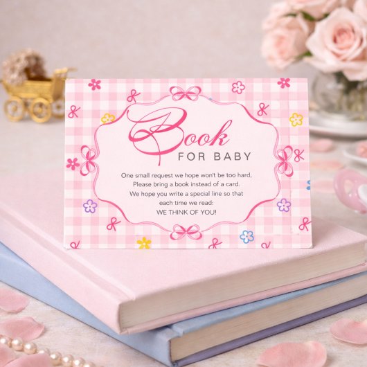 Pink Gingham Floral Bow Book for Baby Insert Card エンクロージャーカード