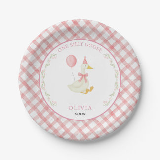 Pink Gingham Floral One Silly Goose 1st Birthday ペーパープレート