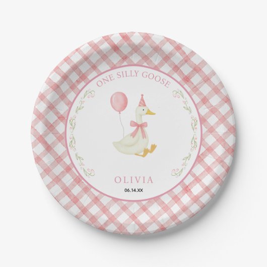 Pink Gingham Floral One Silly Goose 1st Birthday ペーパープレート (正面)