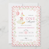 Pink Gingham Floral One Silly Goose 1st Birthday 招待状 (正面)