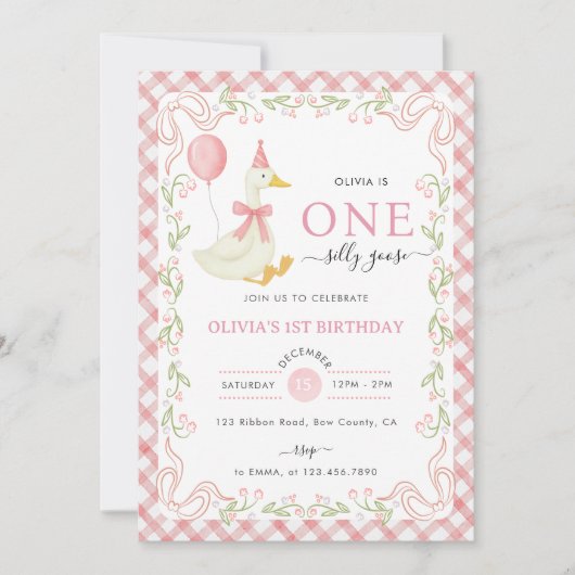 Pink Gingham Floral One Silly Goose 1st Birthday 招待状 (正面)