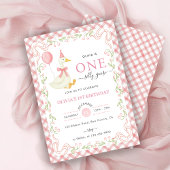 Pink Gingham Floral One Silly Goose 1st Birthday 招待状