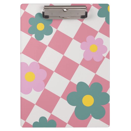 Pink Gingham Floral Pattern – Retro Cute Flower  クリップボード (正面)
