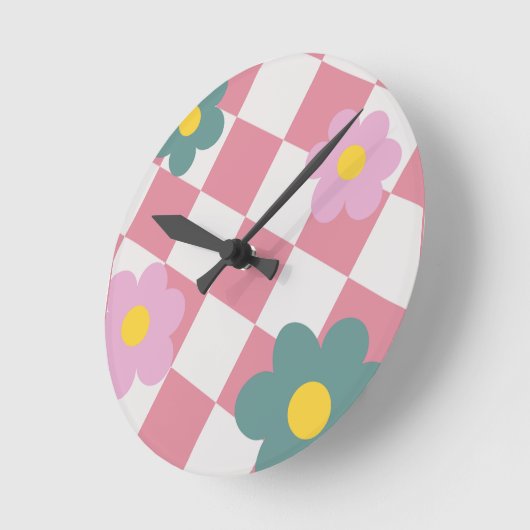 Pink Gingham Floral Pattern – Retro Cute Flower  ラウンド壁時計 (傾斜)