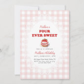 Pink Gingham Four ever Sweet Strawberry Birthday 招待状 (正面)