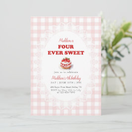 Pink Gingham Four ever Sweet Strawberry Birthday 招待状