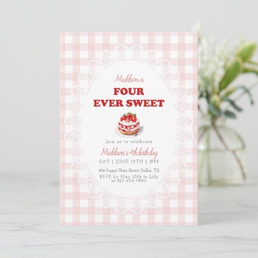 Pink Gingham Four ever Sweet Strawberry Birthday 招待状 (スタンド正面)