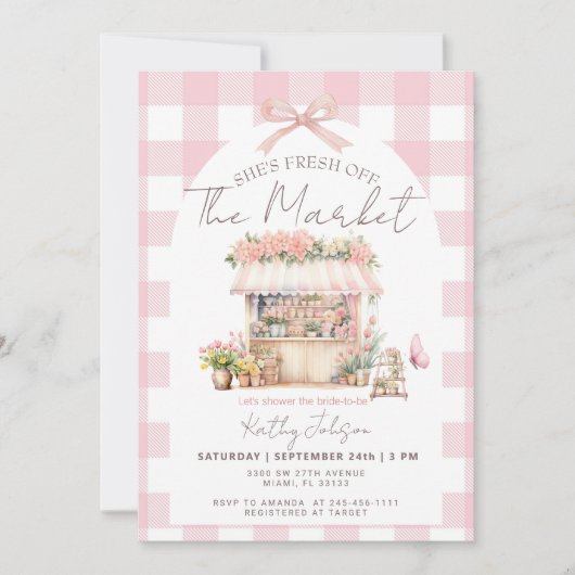 Pink Gingham Fresh Off The Market Bridal Shower  招待状 (正面)