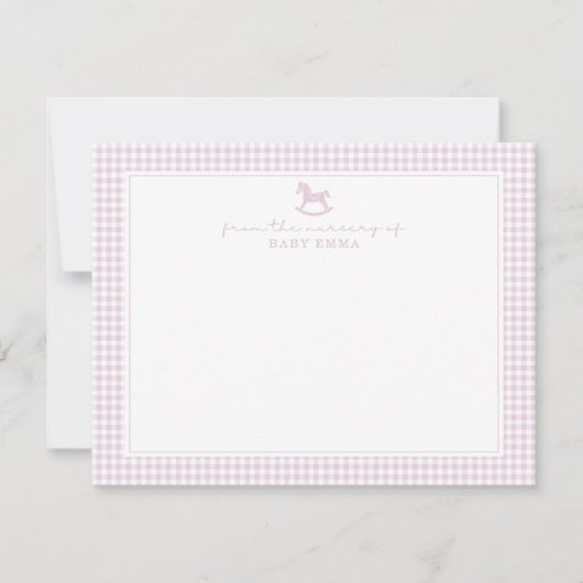 Pink Gingham Girl Nursery Note Card 案内状 (正面)