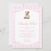 Pink Gingham Girl We Can Bearly Wait Baby Shower 招待状 (正面)