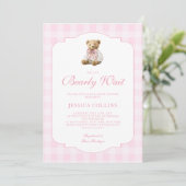 Pink Gingham Girl We Can Bearly Wait Baby Shower 招待状 (スタンド正面)