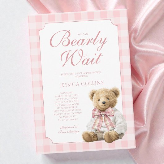 Pink Gingham Girl We Can Bearly Wait Baby Shower 招待状