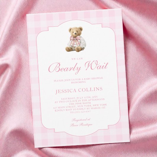 Pink Gingham Girl We Can Bearly Wait Baby Shower 招待状