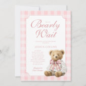 Pink Gingham Girl We Can Bearly Wait Baby Shower 招待状 (正面)