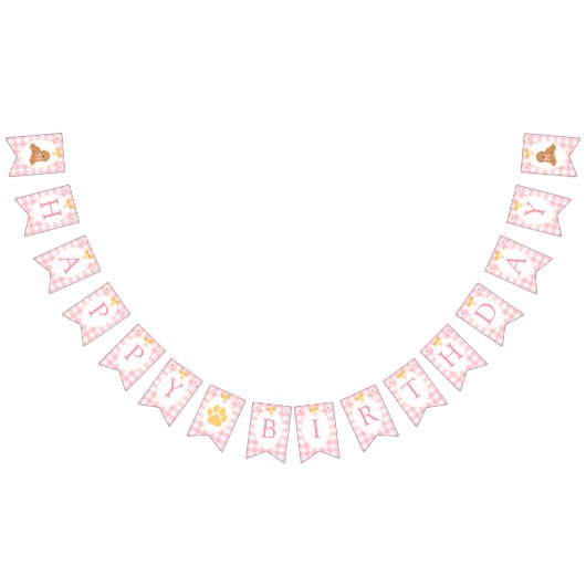 Pink Gingham Golden Doodle Birthday バンティングフラッグ (全)