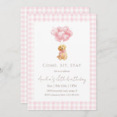 Pink Gingham Golden Retriever Puppy Birthday 招待状 (正面/裏面)