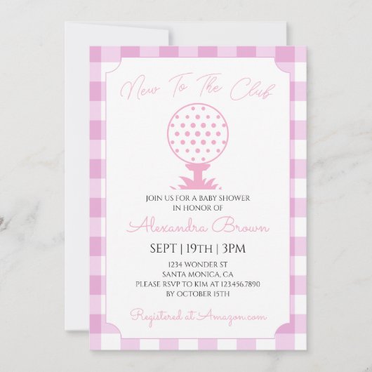 Pink Gingham Golf Baby Girl Shower 招待状 (正面)