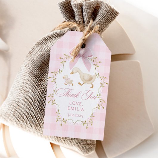 Pink Gingham Goose Birthday party ギフトタグ