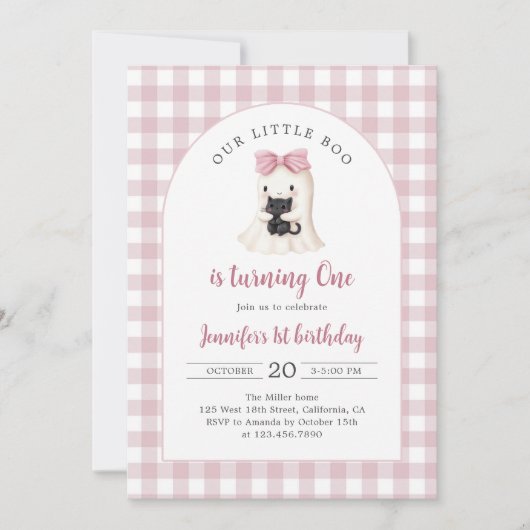 Pink Gingham Halloween Ghost Girl 1st Birthday 招待状 (正面)