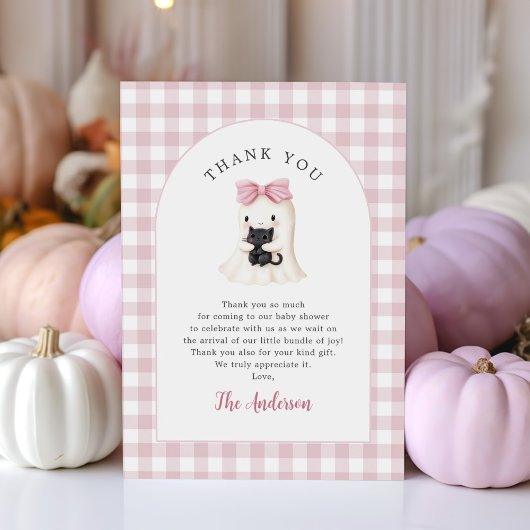 Pink Gingham Halloween Ghost Girl Baby Shower サンキューカード