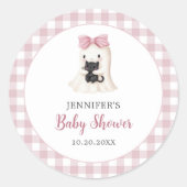 Pink Gingham Halloween Ghost Girl Baby Shower ラウンドシール (正面)