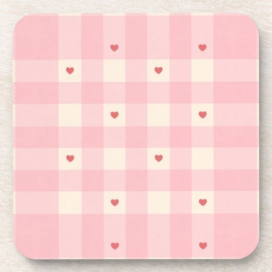 Pink Gingham Hearts Valentine  コースター (正面)