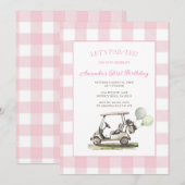 Pink Gingham Let's Par-Tee Golf  Birthday Party  招待状 (正面/裏面)