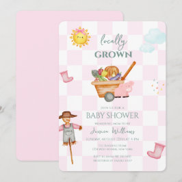 Pink Gingham Locally grown Farmer Baby Shower 招待状
