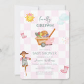 Pink Gingham Locally grown Farmer Baby Shower 招待状 (正面)