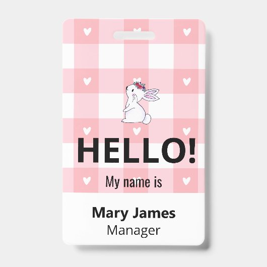 Pink Gingham Name Lanyard | Personalized ID Badge  バッジ (表面)