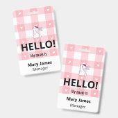 Pink Gingham Name Lanyard | Personalized ID Badge  バッジ (表裏)