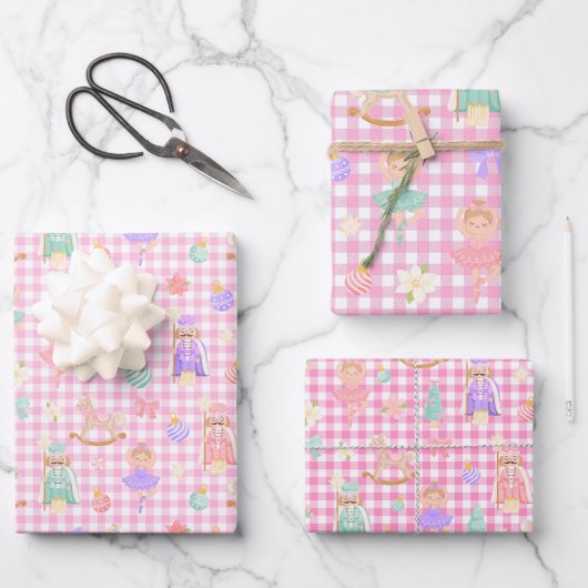 Pink Gingham Nutcracker Birthday ラッピングペーパーシート (正面)
