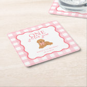 Pink Gingham One Golden Year Girls First Birthday スクエアペーパーコースター (アングル)