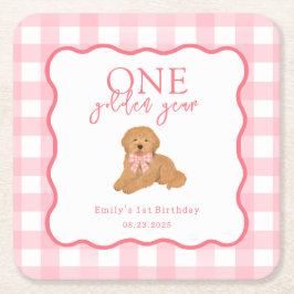 Pink Gingham One Golden Year Girls First Birthday スクエアペーパーコースター
