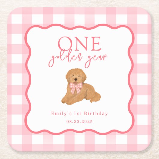 Pink Gingham One Golden Year Girls First Birthday スクエアペーパーコースター (正面)
